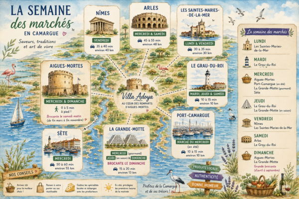 marches_de_Camargue-jours et villes à découvrir Carte illustréedes jours de marché en Camargue autour de la villa Adoya